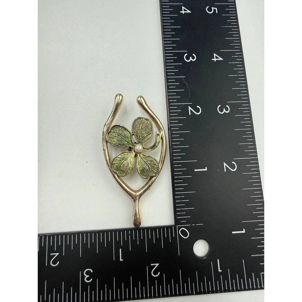 Vtg Gerrys Wishbone Four Leaf Clover Brooch Green Enamel Faux Pearl Gold‎ Tone